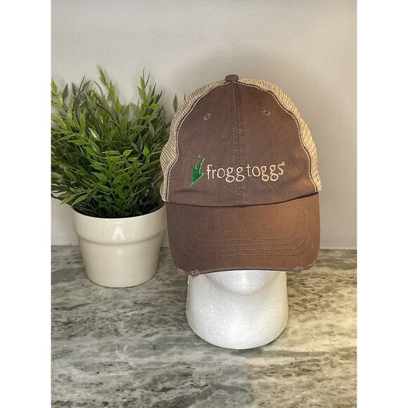 Frogg Toggs Logo Adjustable Strap Trucker Mesh Hat Tan Brown EUC - Picture 1 of 5
